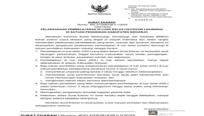 Sekolah Diminta Tangguhkan ODL Plt. Bupati Sidoarjo Keluarkan SE